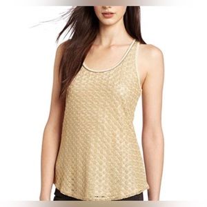 Lucky Brand XL Gold Overlay Shimmer Tank Top Tan Beige Metal Accent Geometric